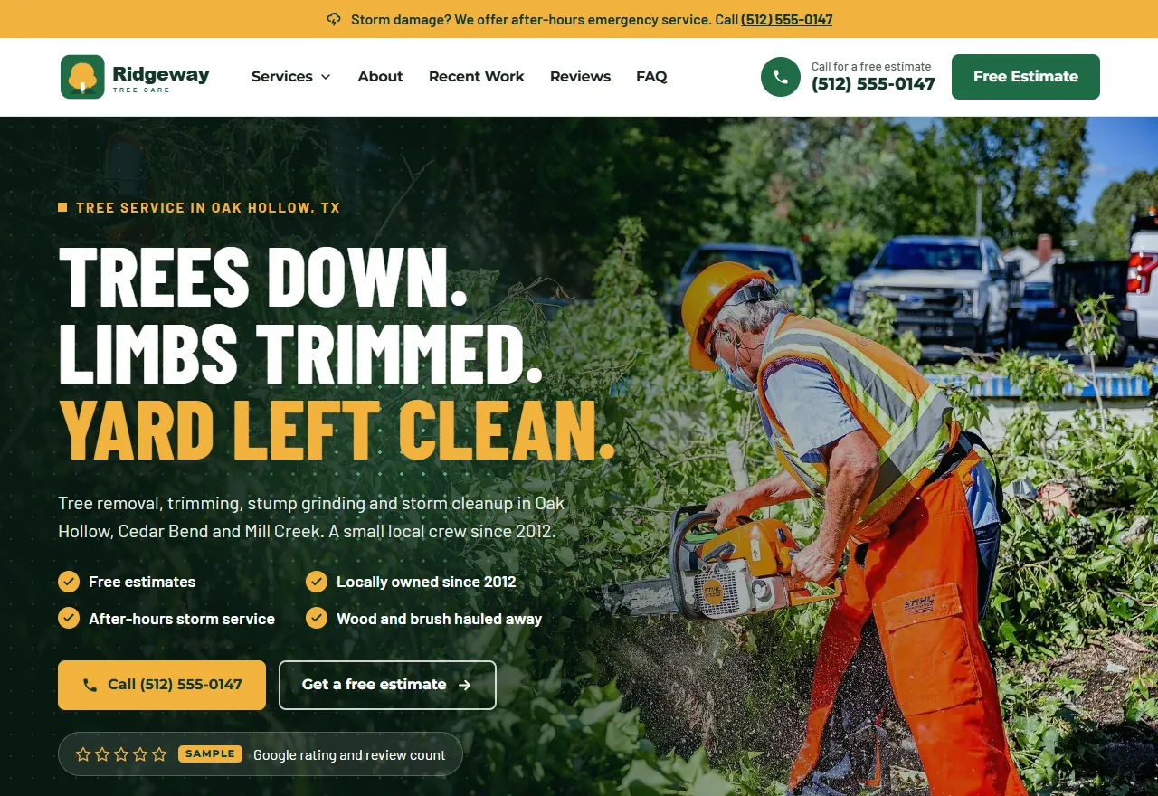 The home page of our sample site for Ridgeway Tree Care, a made-up business: a crew member cutting storm limbs, a call button and an estimate button