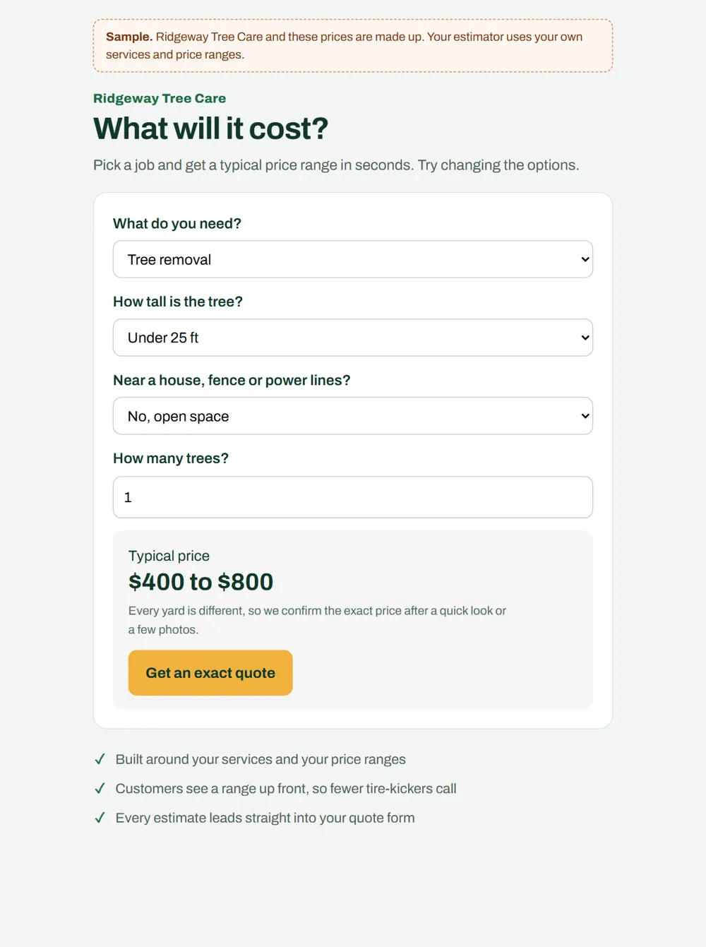Sample cost estimator showing a price range for a tree removal