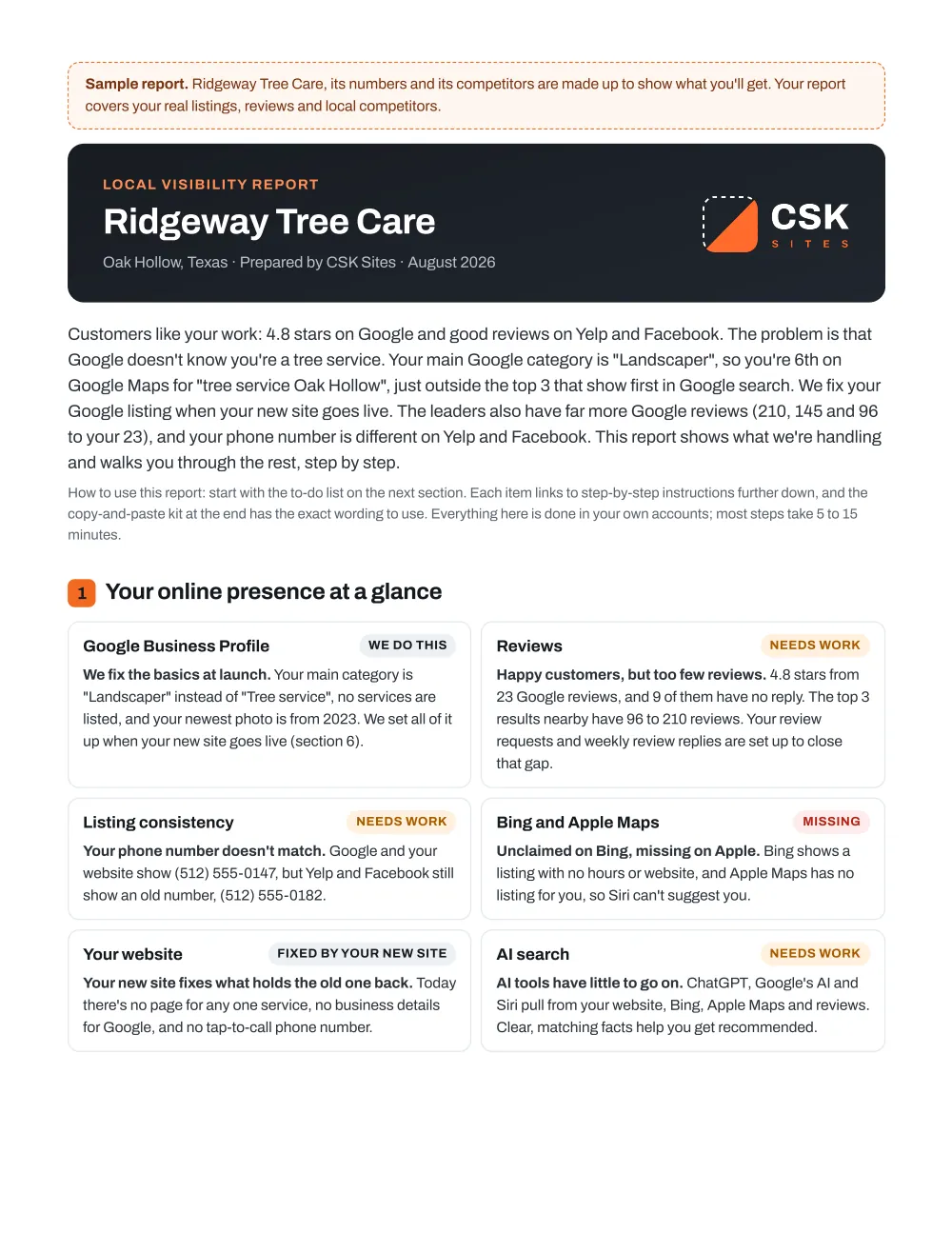 First page of a sample Local Visibility Report for a made-up business