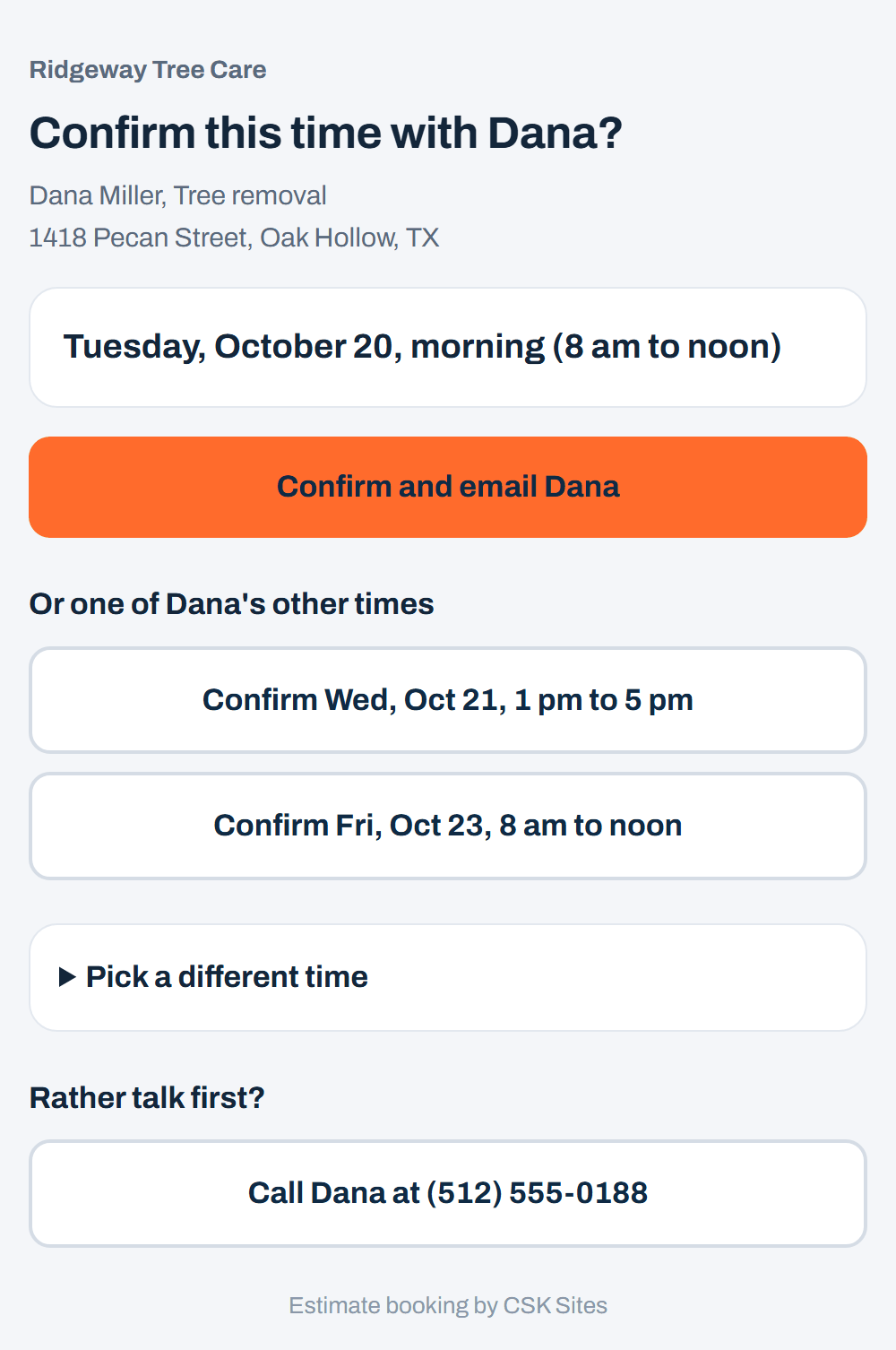 Sample page asking the owner to confirm Tuesday morning, with the customer's other times below