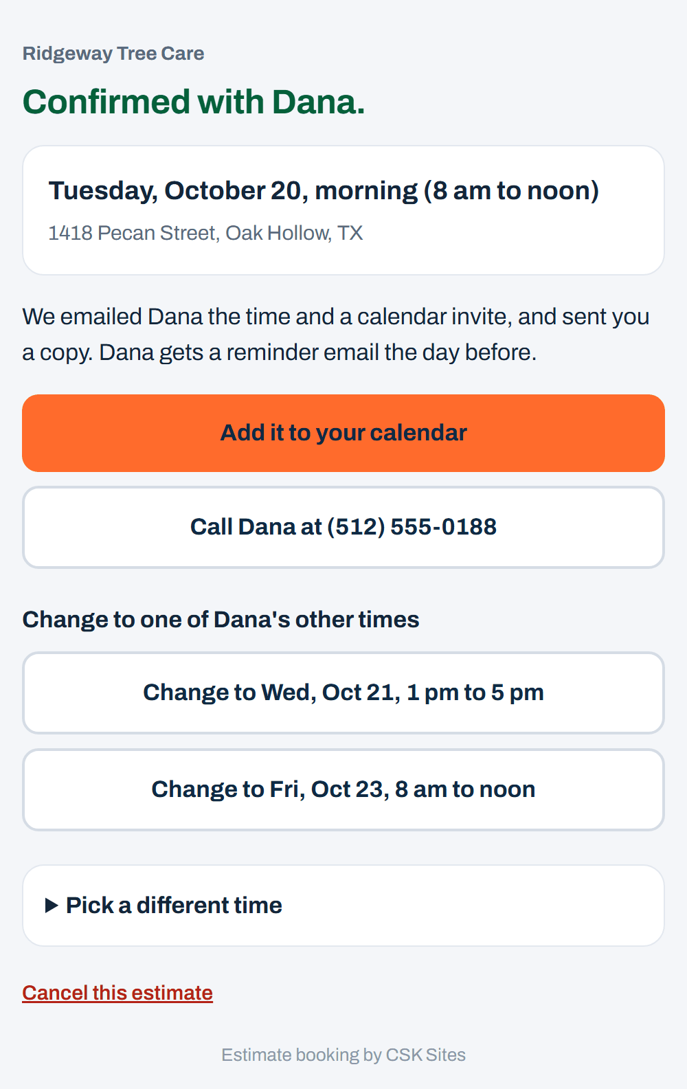 Sample page showing the estimate confirmed, with buttons to add it to a calendar, call the customer, change or cancel