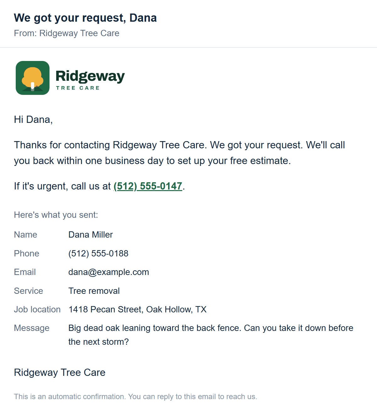 Sample instant reply email the customer gets