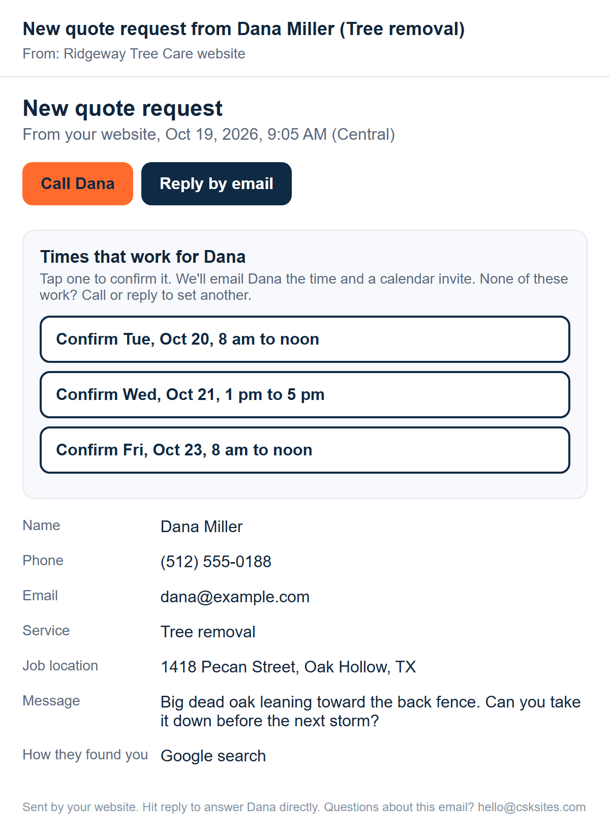 Sample email to the business with the customer's details and three Confirm buttons, one for each time they picked