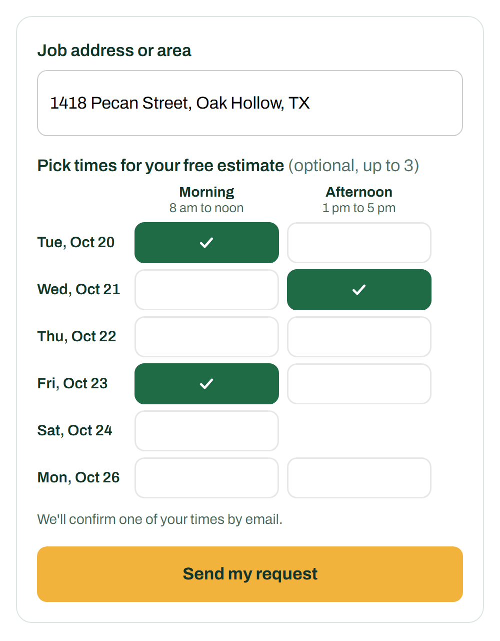Sample quote form with a table of open times, days down and morning or afternoon across, with three times picked