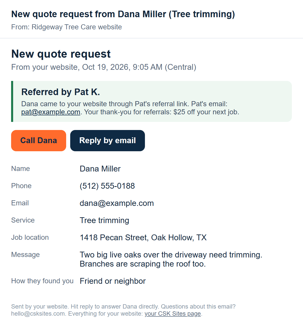 A quote request email showing who referred the customer