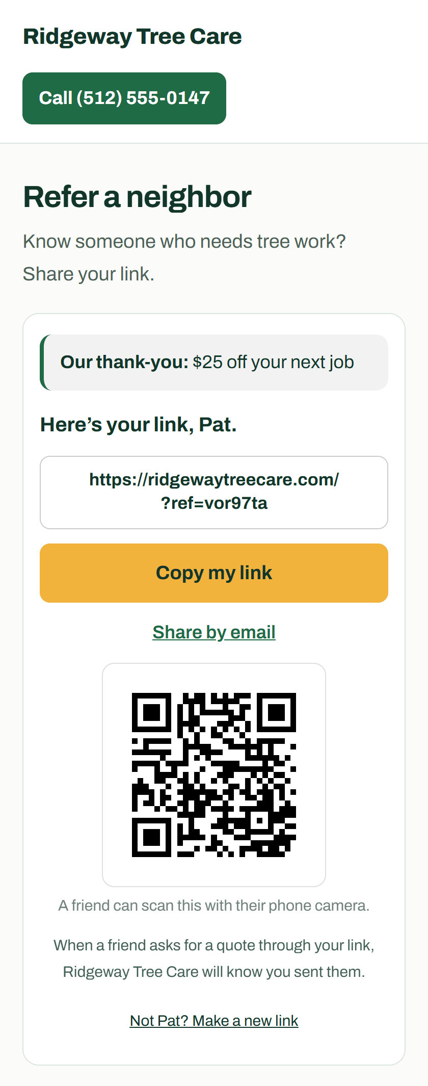 Sample Refer a Neighbor page where a customer gets their own link