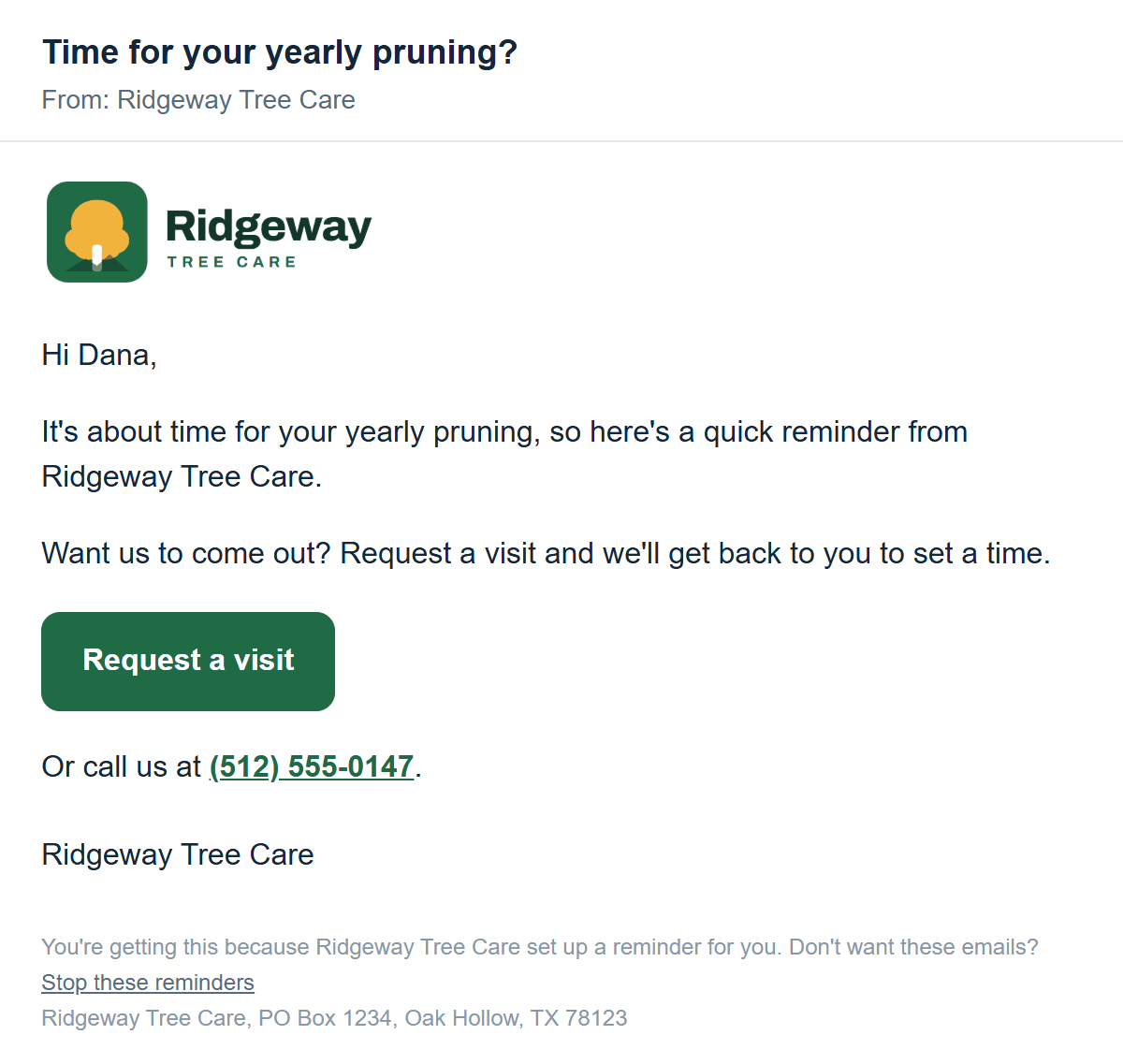 Sample reminder email asking a customer to book their yearly tree check