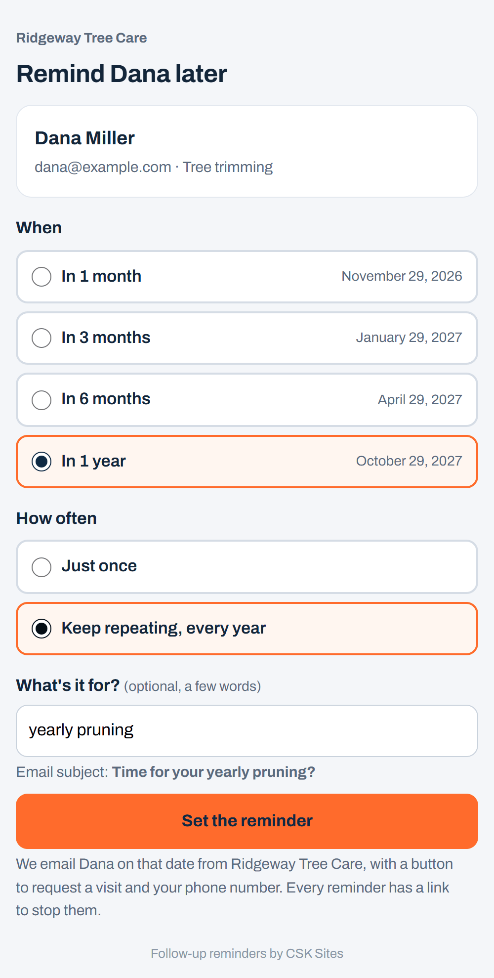 Sample page to set the reminder for Dana Miller: in 1 year, keep repeating every year, for yearly pruning, with a Set the reminder button