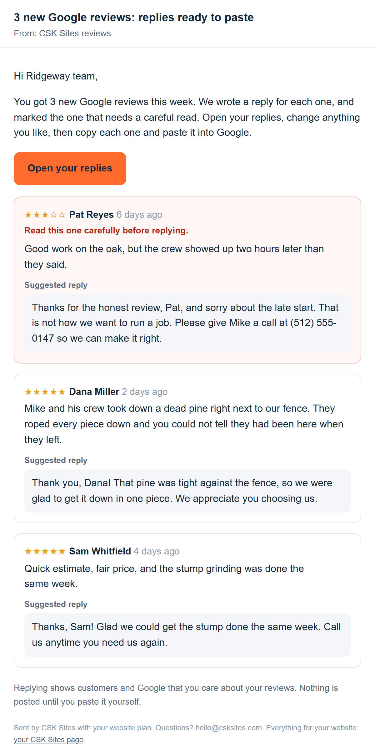 Sample weekly email with new reviews and a suggested reply for each, and an Open your replies button