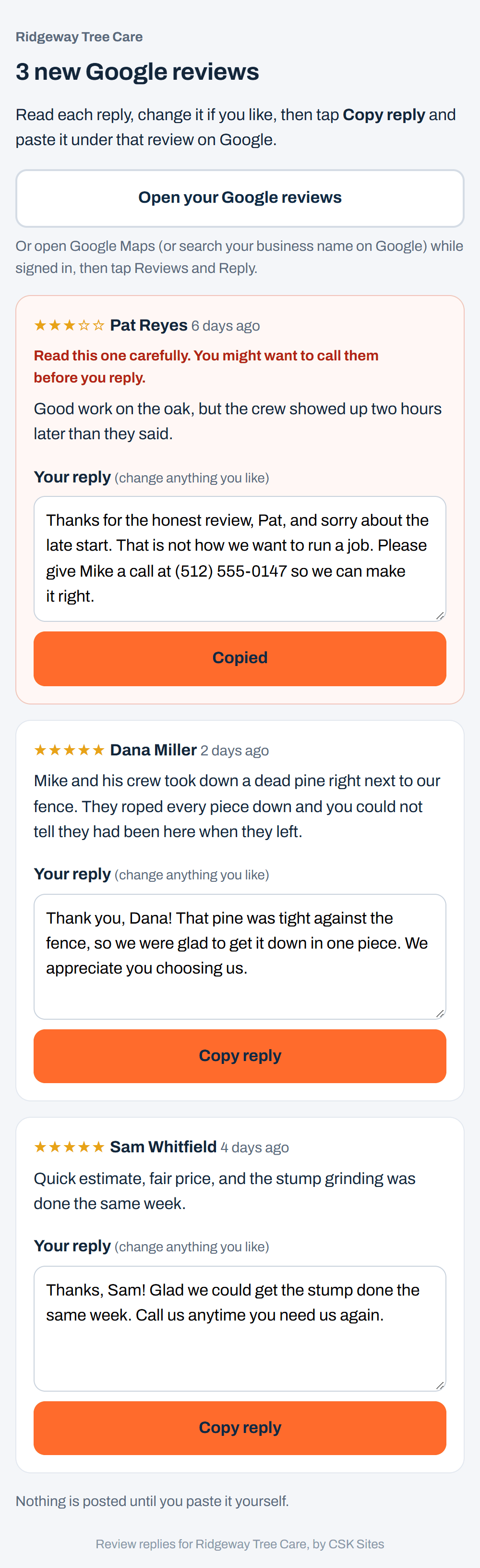 Sample replies page with a suggested reply and a Copy button for each review