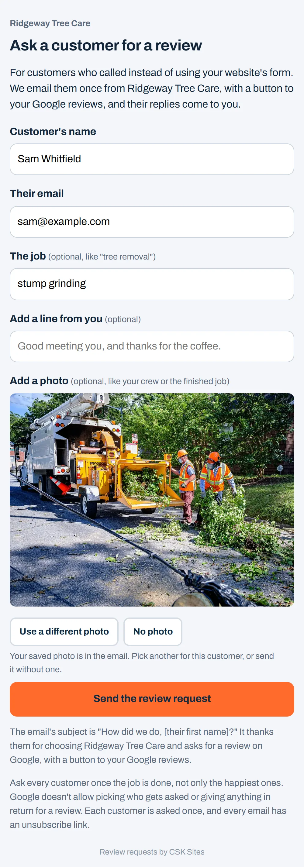 Sample private page to ask a customer for a review, with boxes for the customer's name, email, the job and an optional line, and a Send the review request button