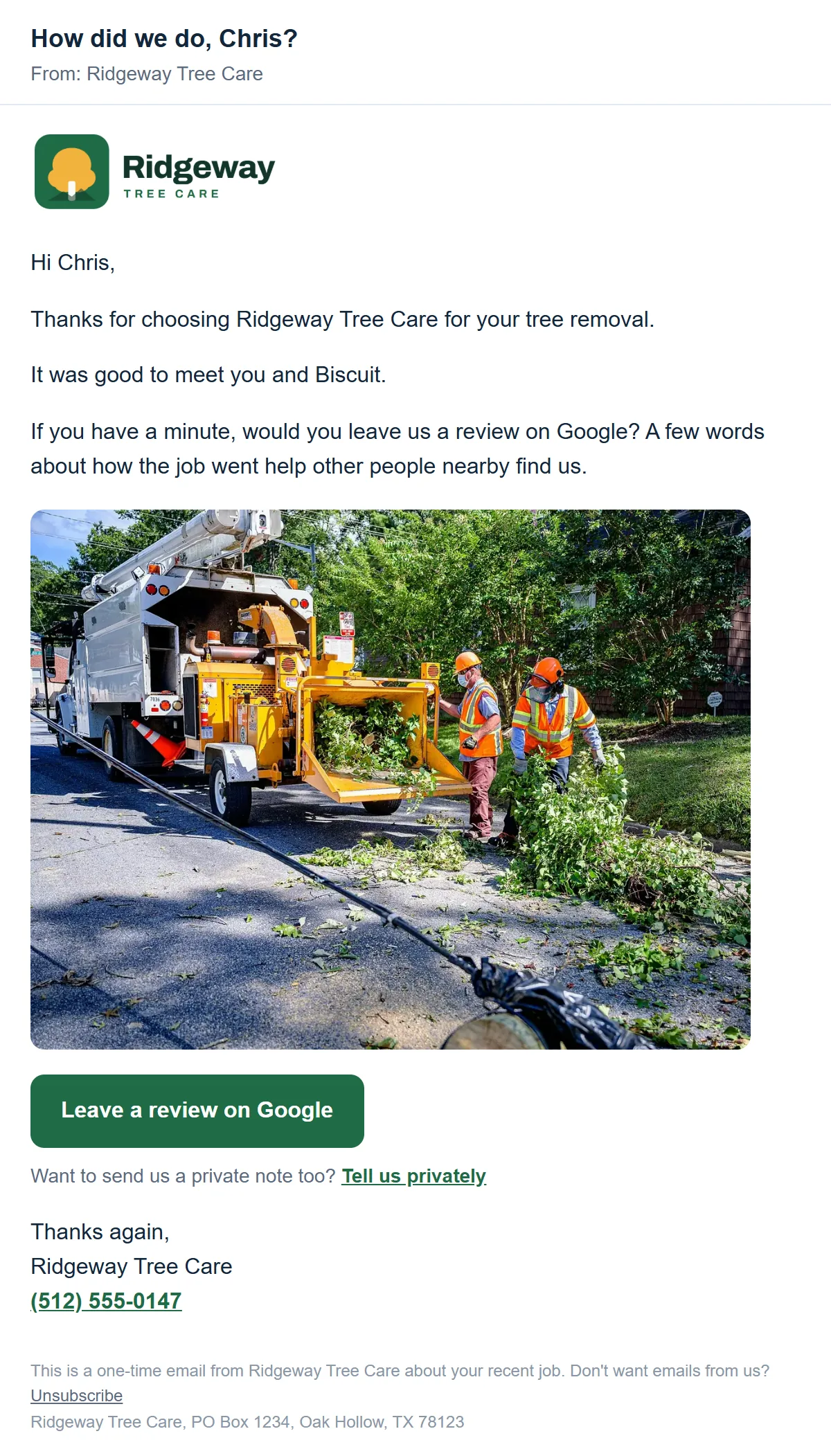Sample review request email from a made-up tree service