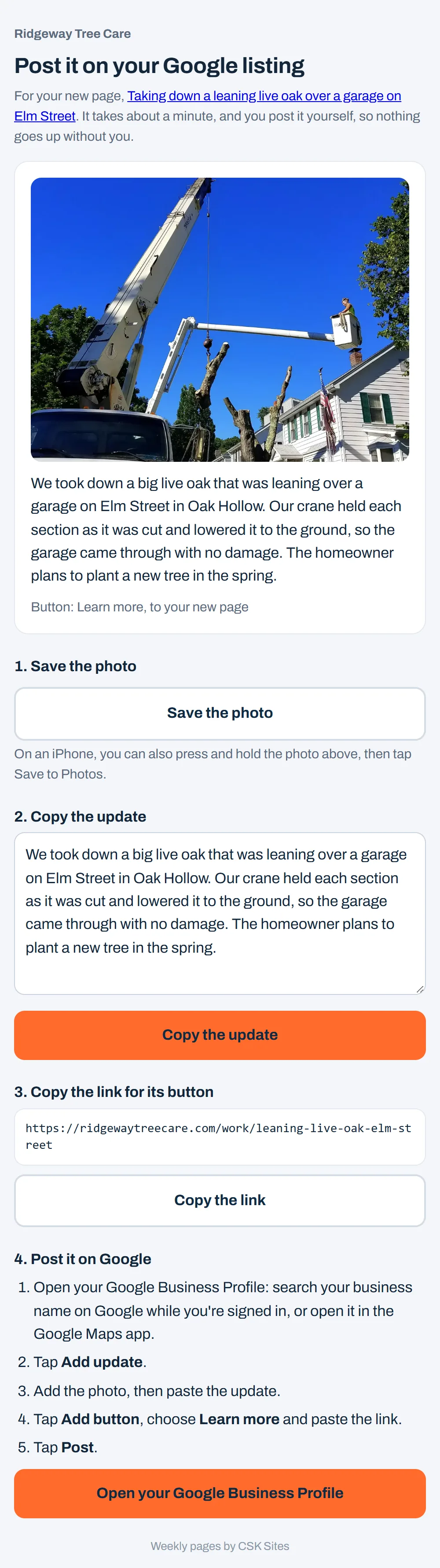 Sample page: Post it on your Google listing, with the job photo, the update to copy, the page link for its Learn more button and the steps to post it
