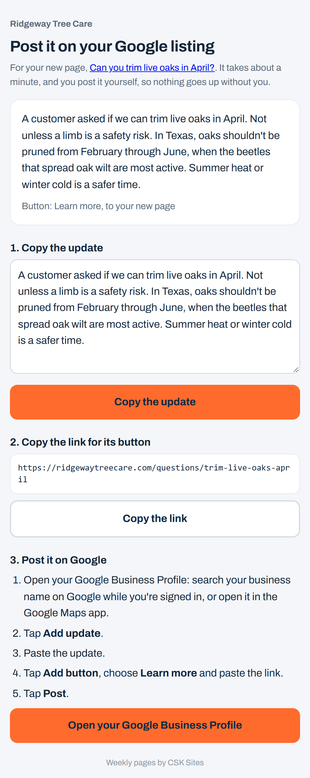 Sample page: Post it on your Google listing, with the question update to copy, the page link for its Learn more button and the steps to post it