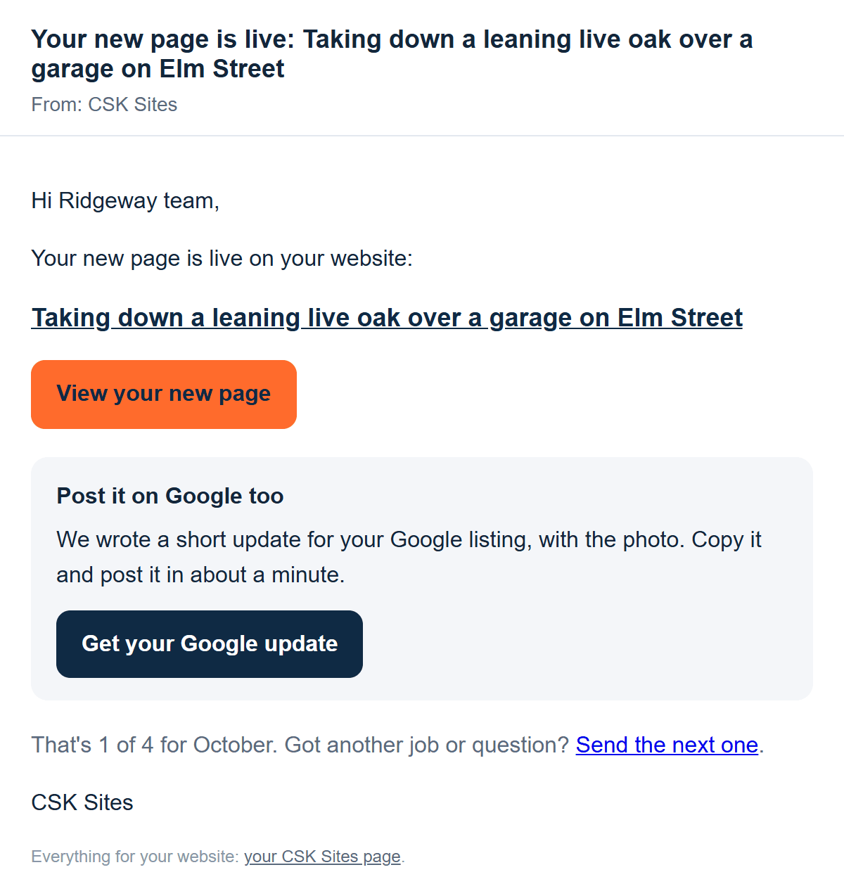 Sample email saying the new page is live