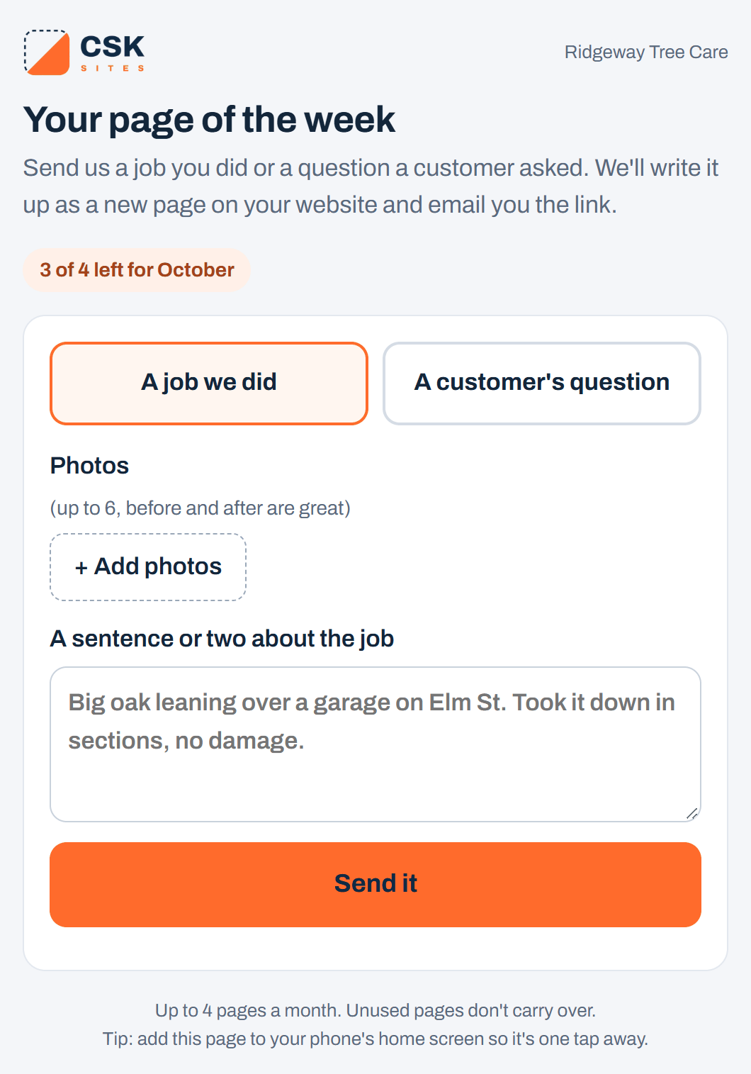 Sample send page where the owner adds job photos and a sentence