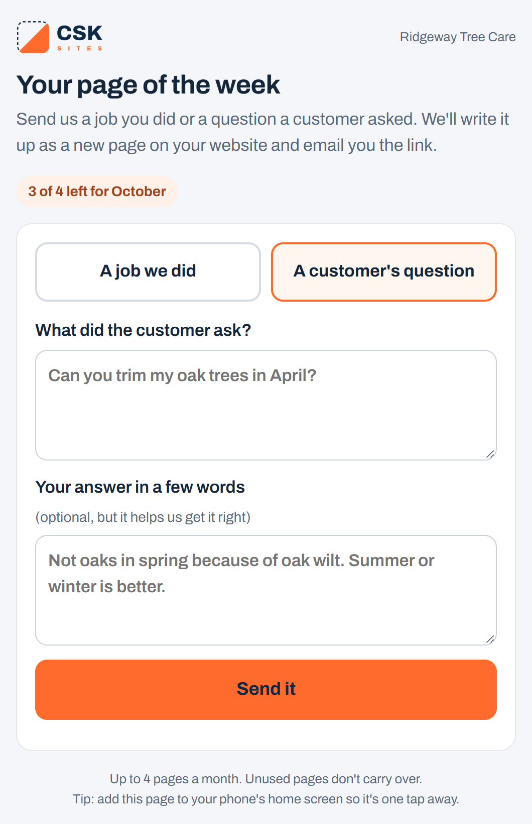 Sample private page: Your page of the week, with A customer's question selected, a box for the question, an optional box for your answer and a Send it button